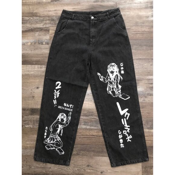 Green Gugchi Womens Size 33x30 Anime Black Relaxed Fit Jeans Hip Hop Streetwear - Picture 1 of 11